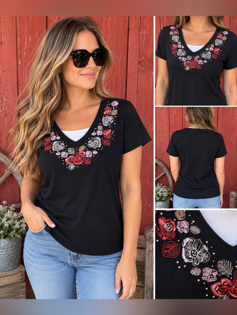 Karen Scott Black Floral Embroidered V-Neck Short Sleeve Top Women’s M